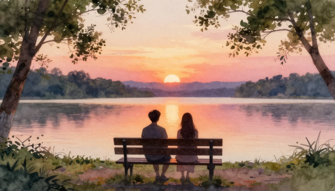 A beautiful watercolor painting depicting two silhouettes si...