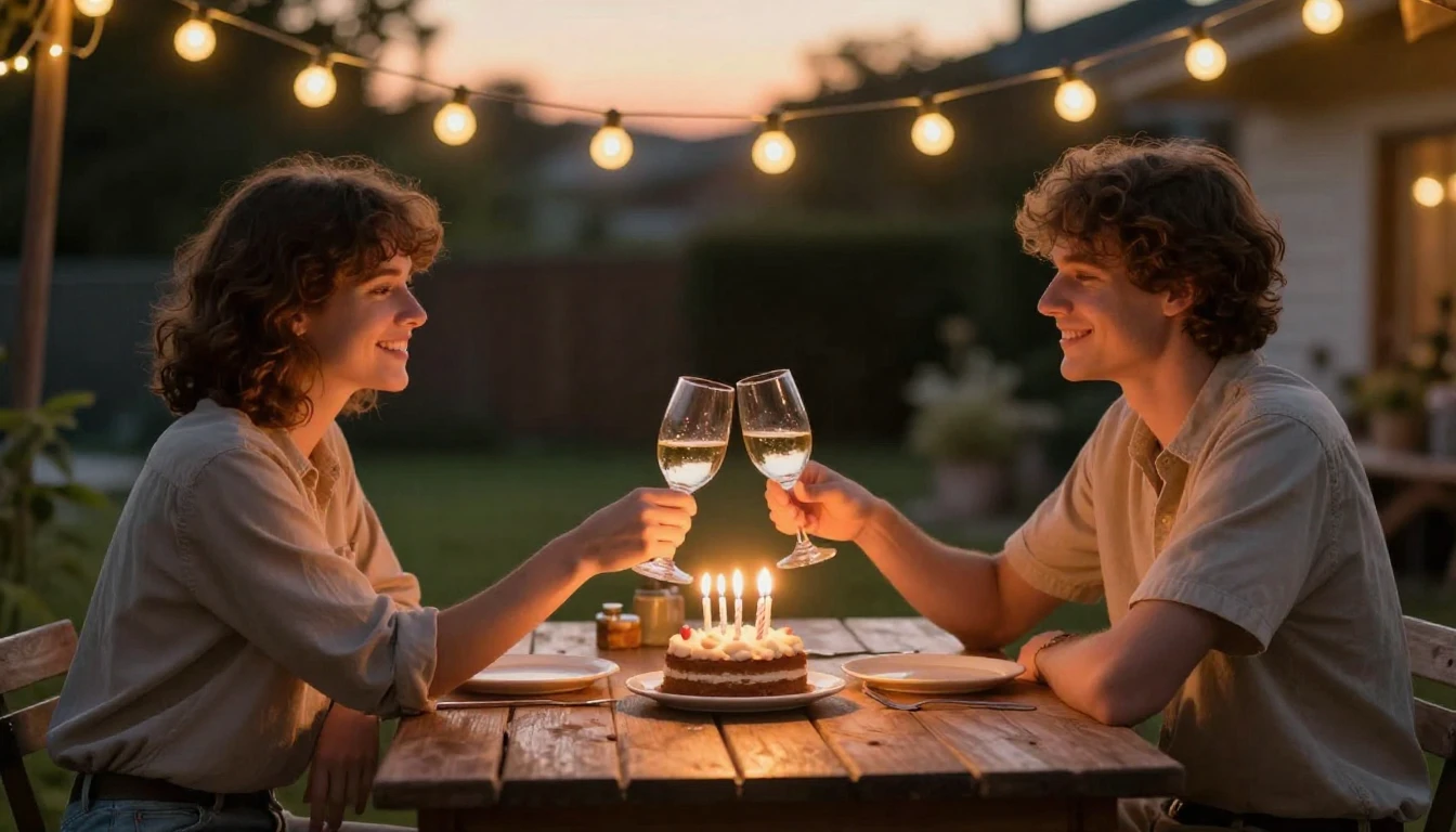A heartwarming scene of two friends clinking glasses at a co...