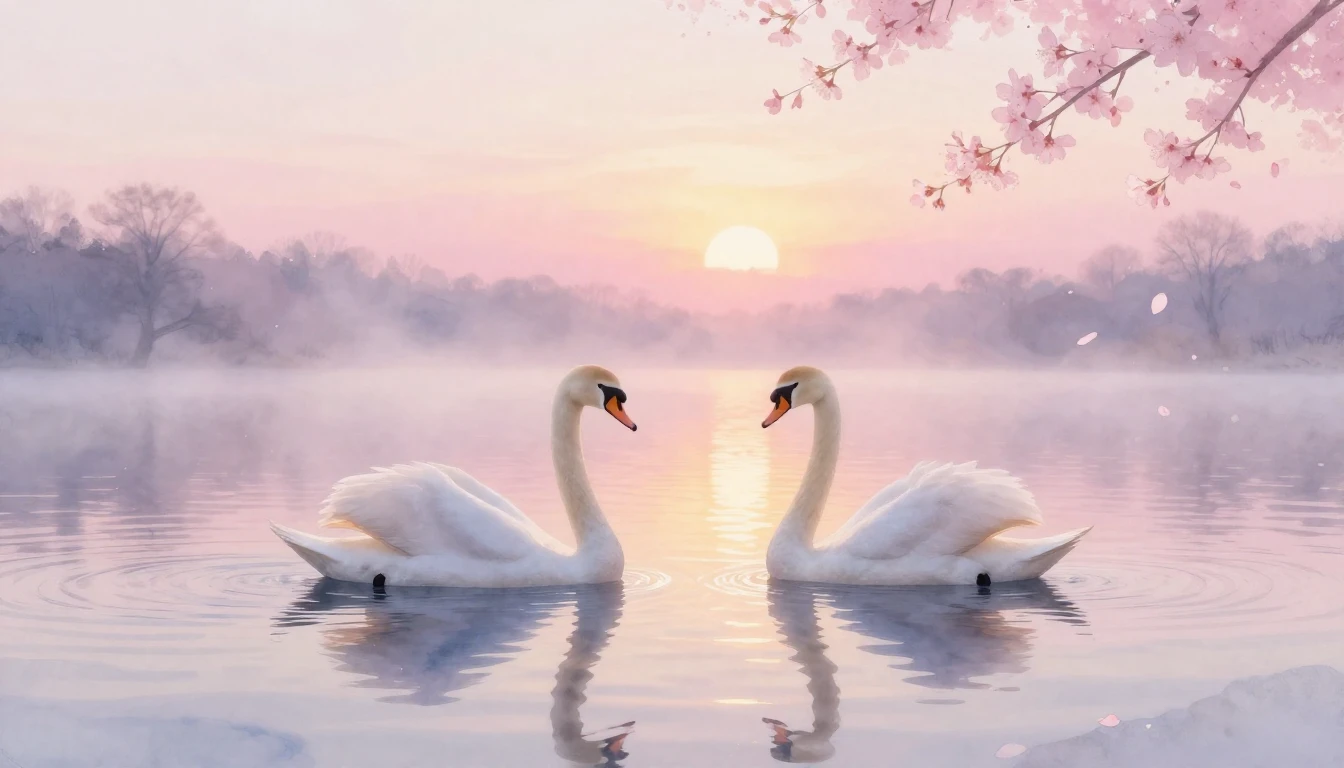 A dreamy watercolor painting of two elegant swans gliding on...