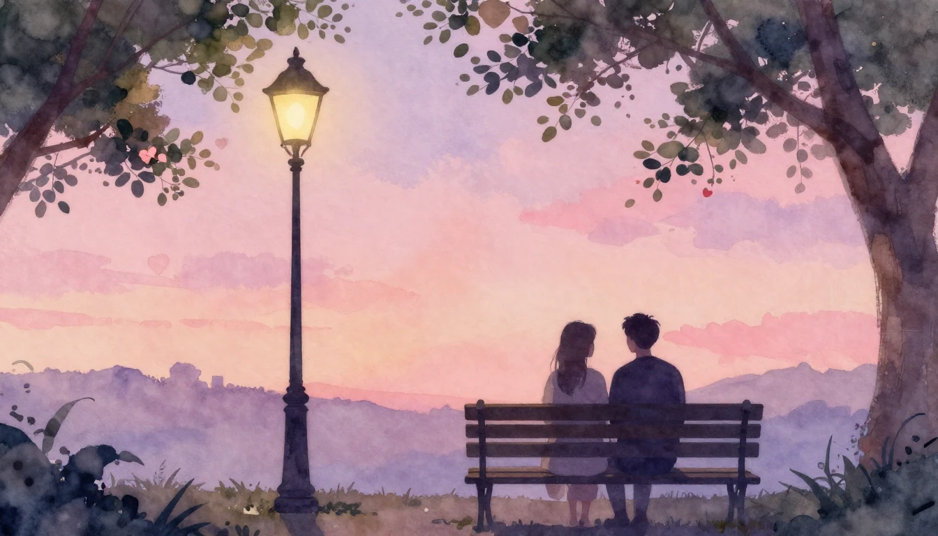 A romantic and soft watercolor painting depicting two silhou...