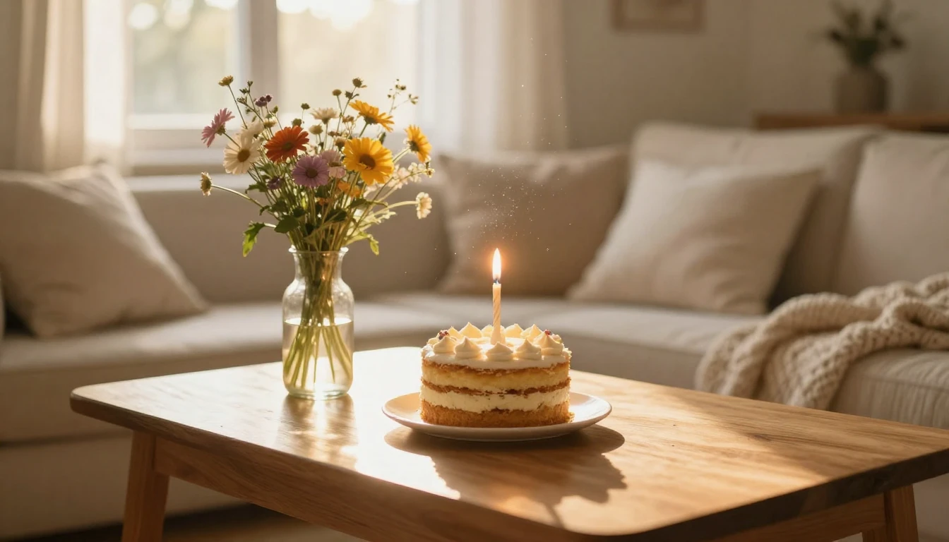 A cozy indoor scene featuring a wooden table decorated with ...