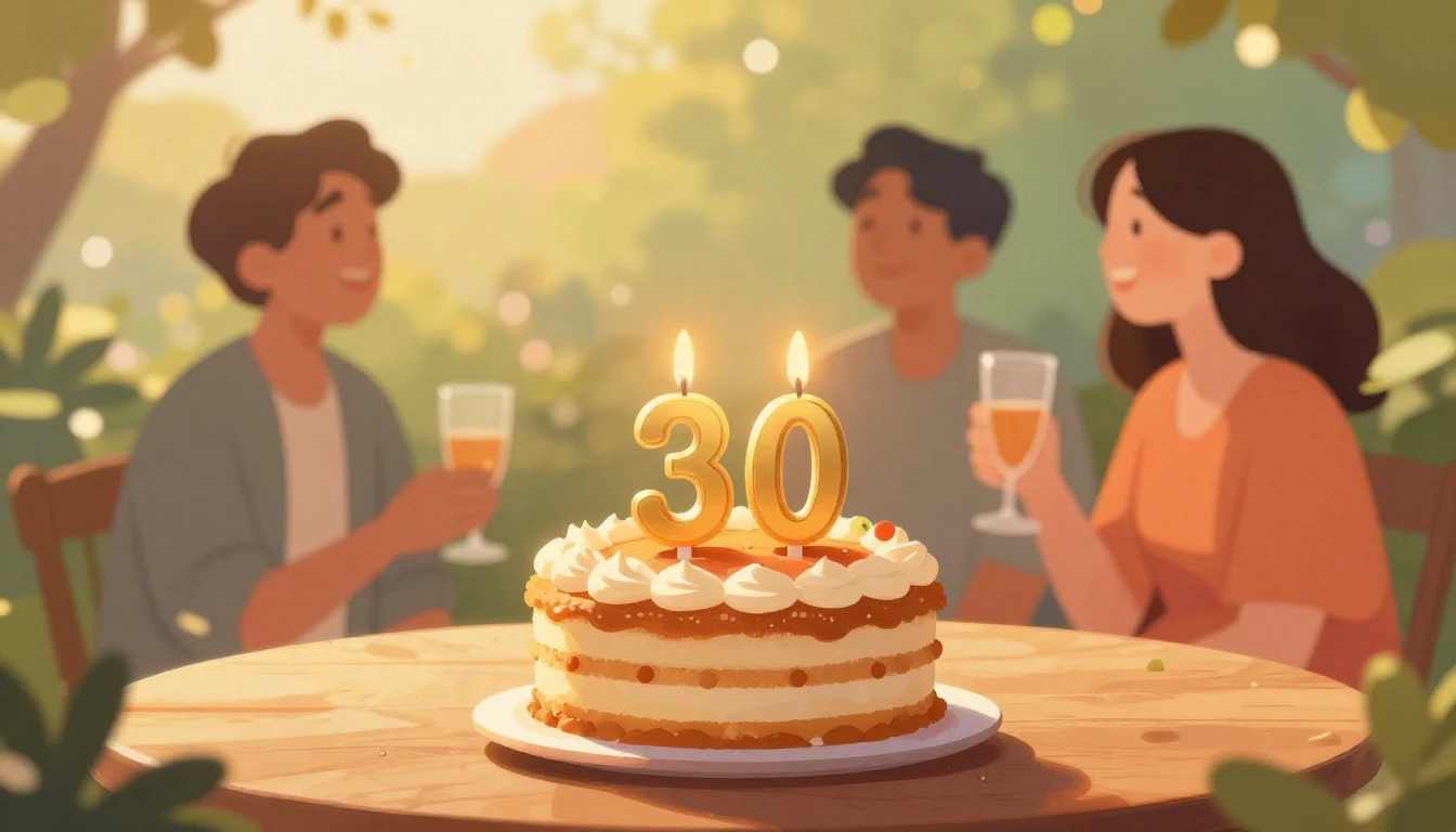 A warm and nostalgic illustration of a birthday cake with th...