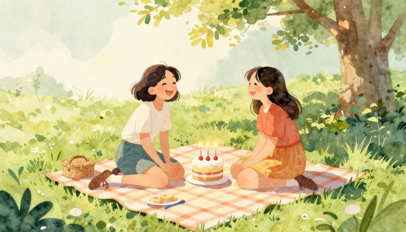A heartwarming watercolor illustration of a sunny outdoor pi...