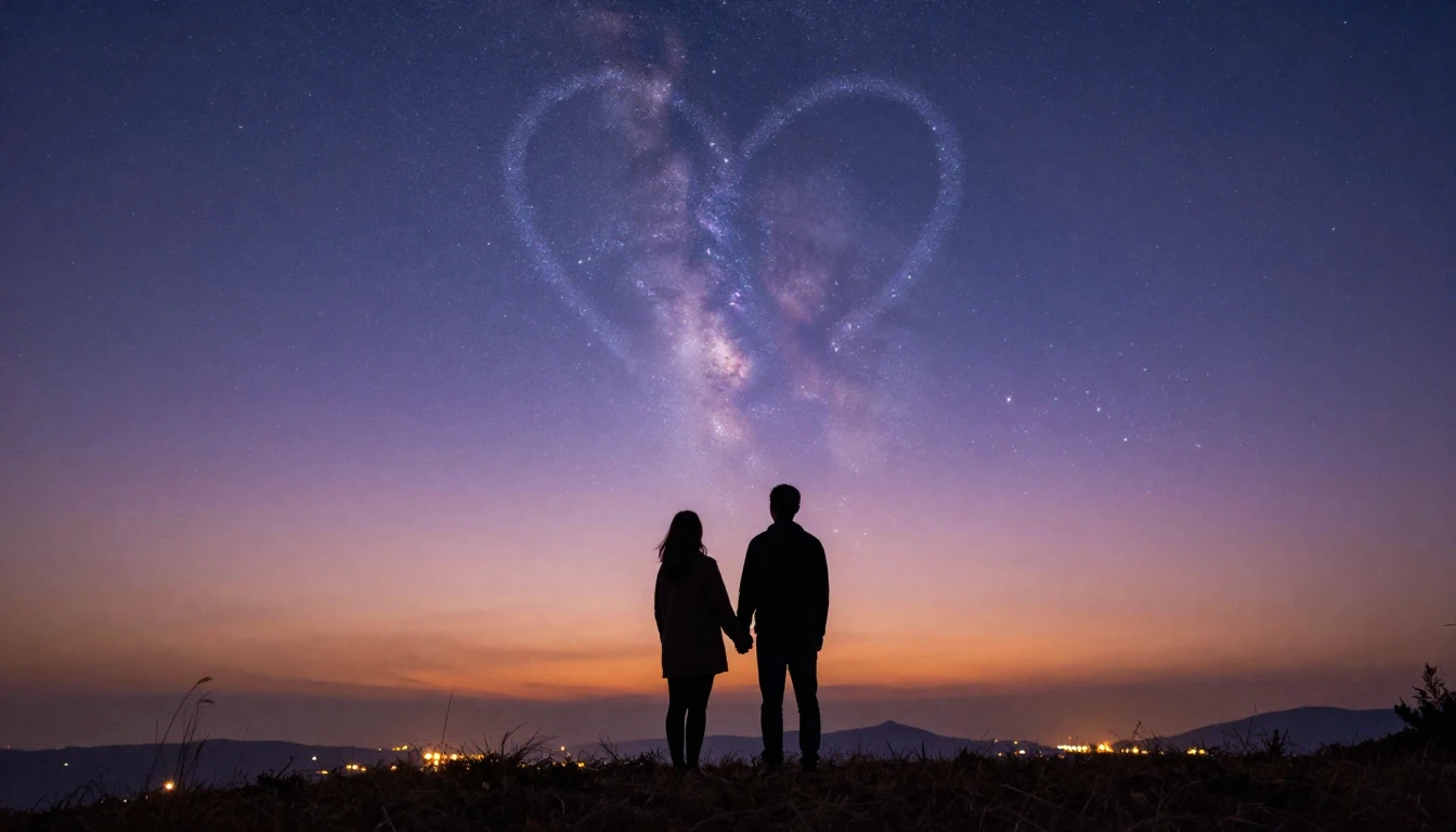 A cinematic wide shot of a silhouette of a couple holding ha...