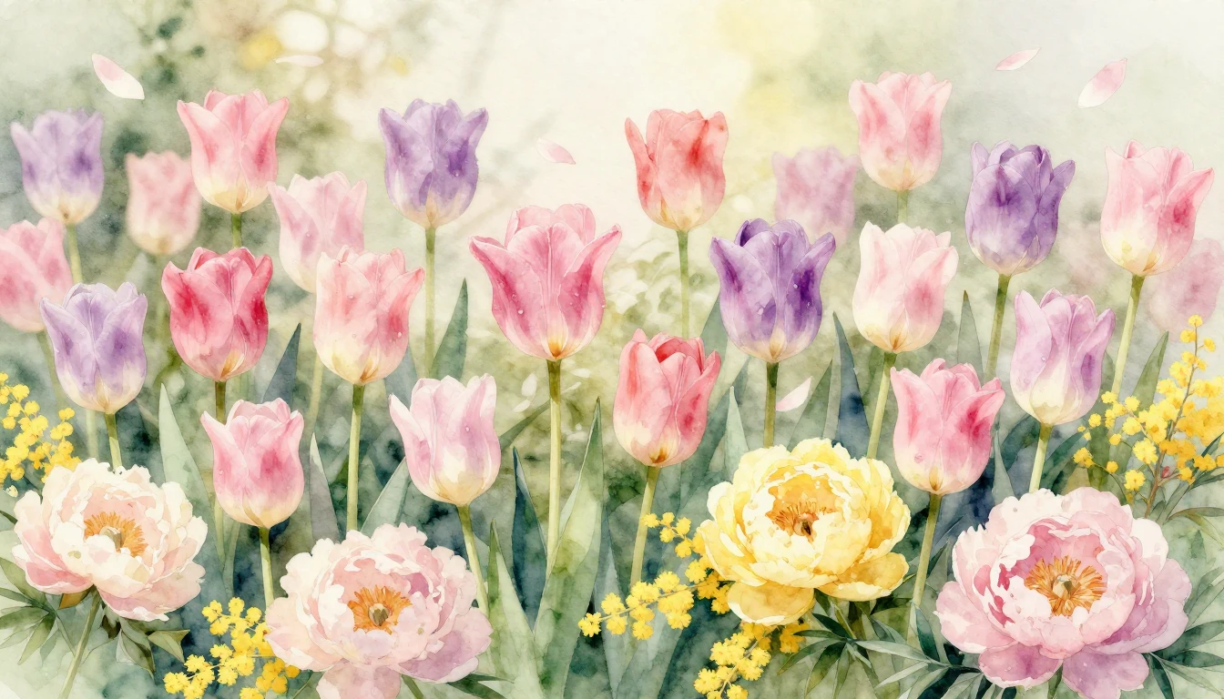 A beautiful watercolor painting of a lush spring garden fill...
