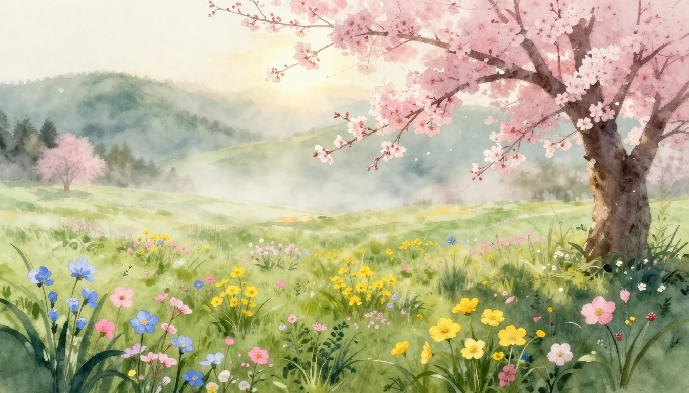 A breathtaking watercolor painting of a lush meadow at dawn....