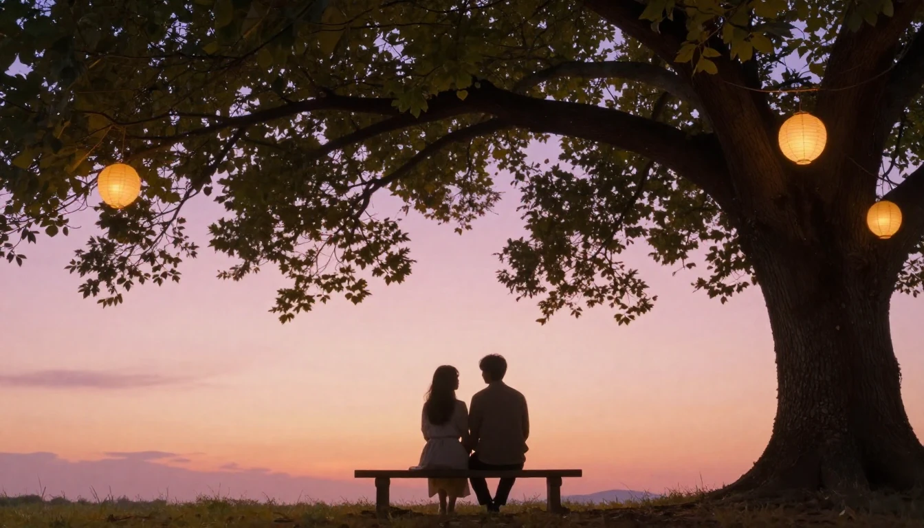 A romantic and dreamy scene featuring two silhouettes sittin...