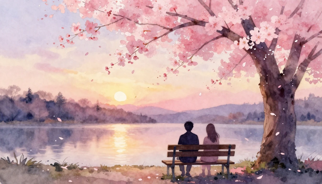 A soft watercolor painting of two silhouettes sitting on a b...