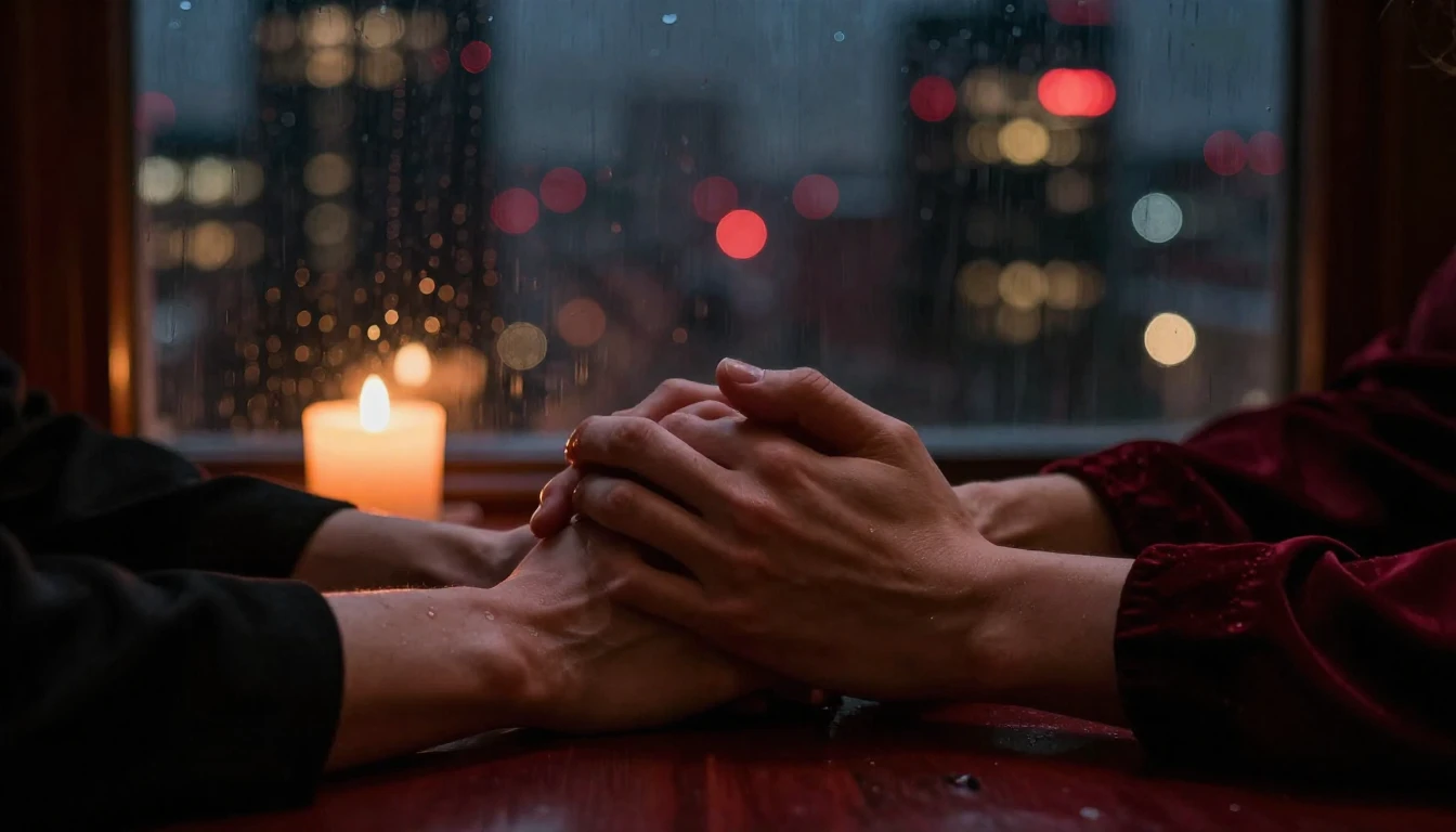 A close-up cinematic shot of two hands intertwined resting o...