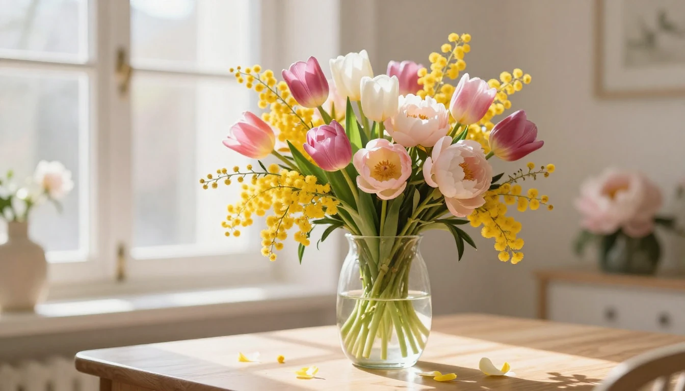 A vibrant and lush bouquet of spring flowers including tulip...