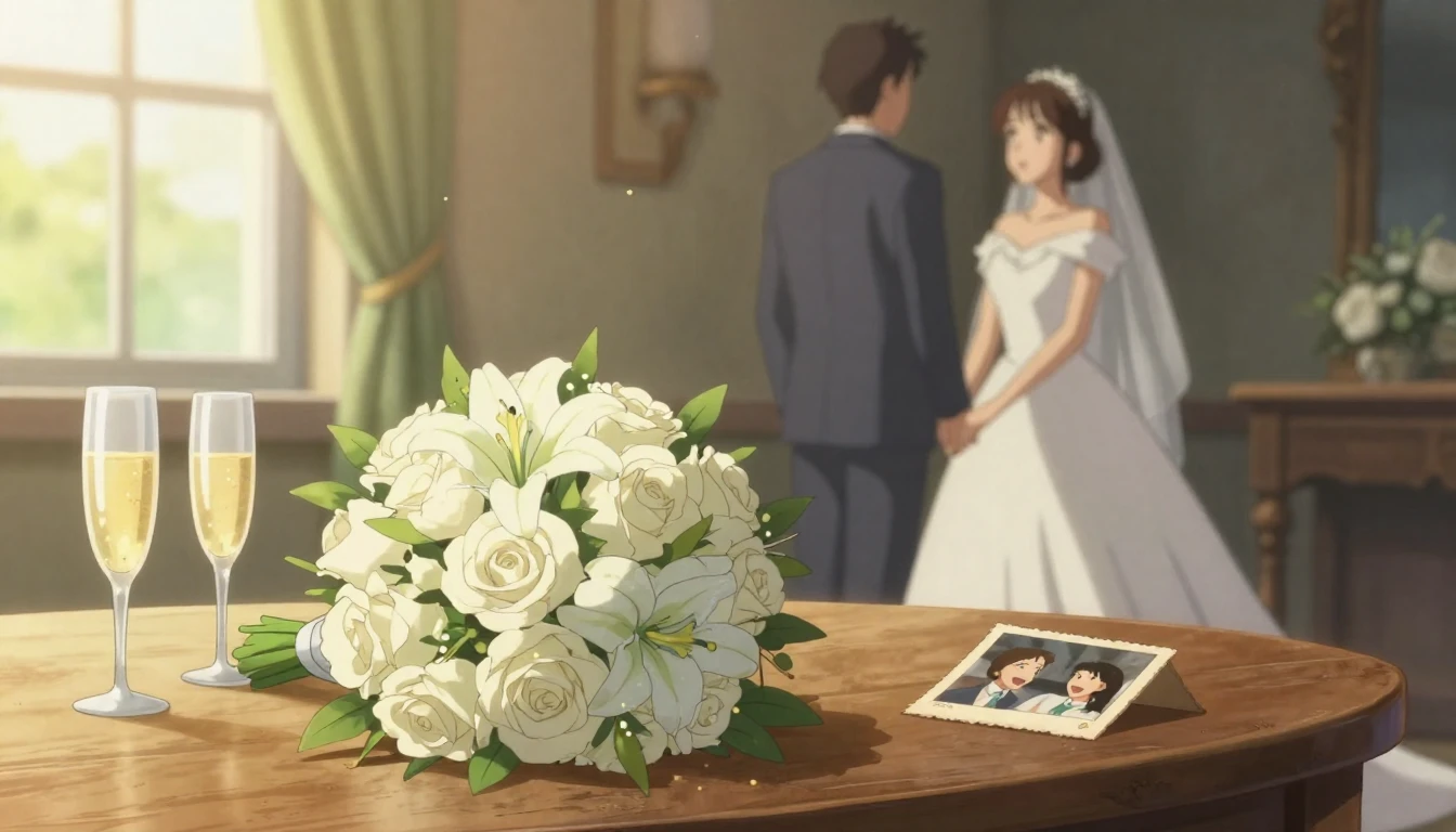 A sentimental anime-style illustration focusing on a wedding...