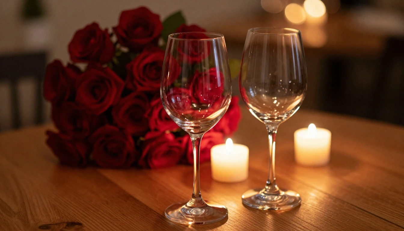A close-up shot of two elegant wine glasses on a wooden tabl...
