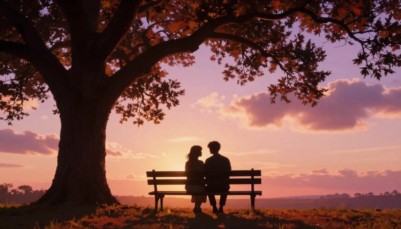 A romantic and dreamy scene featuring two silhouettes sittin...