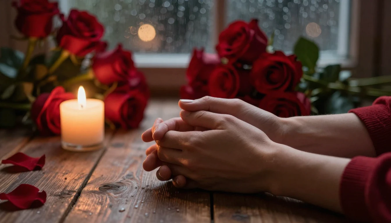 A romantic and intimate Valentine's Day atmosphere, close-up...