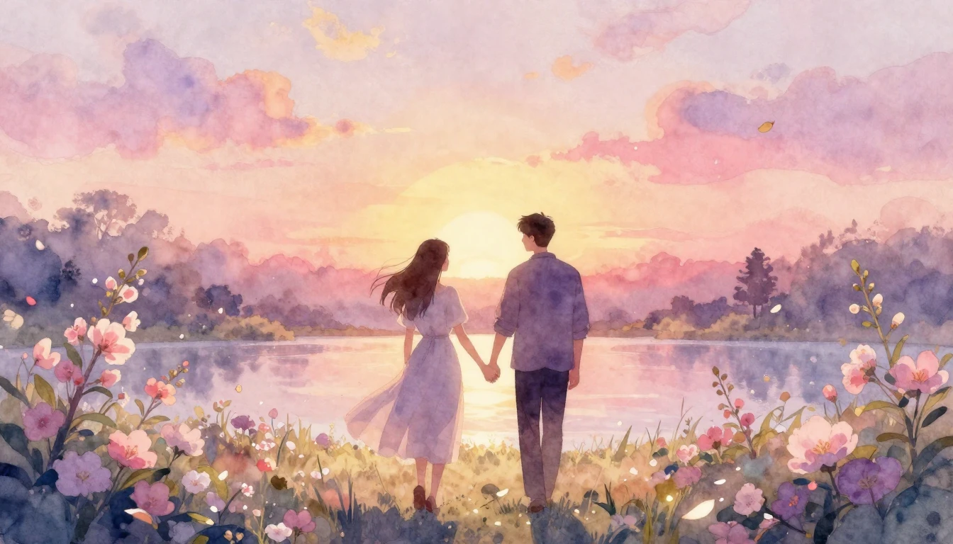 A soft watercolor painting of two silhouettes walking hand-i...