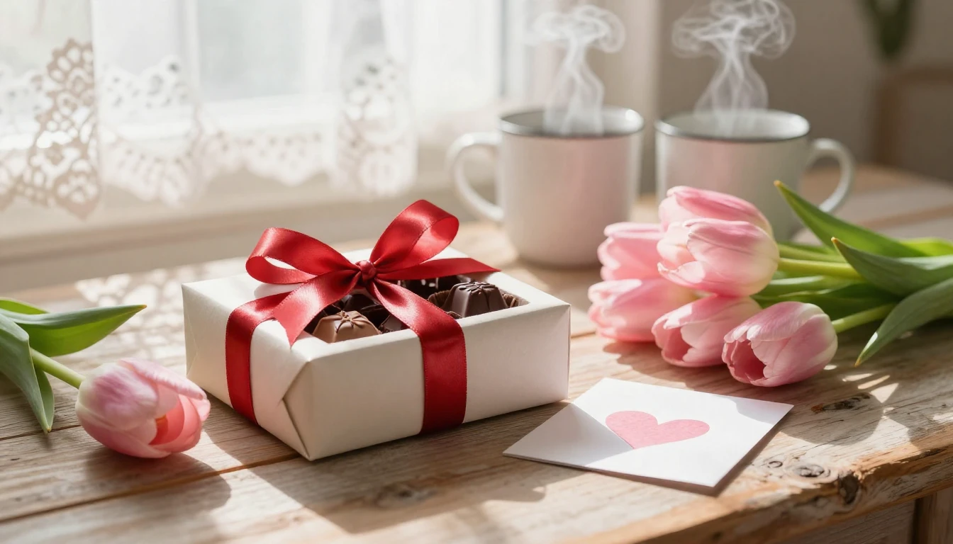 A heartwarming close-up scene of a beautifully wrapped box o...