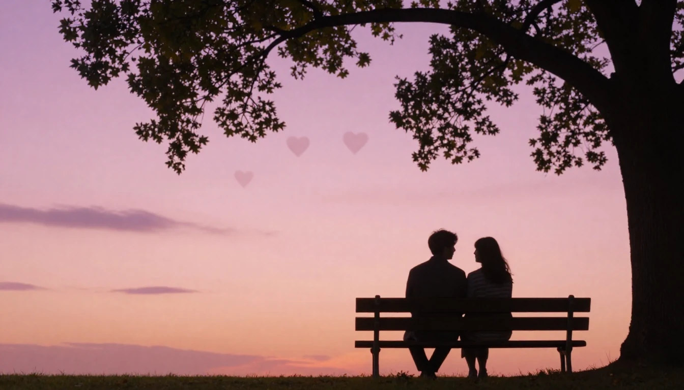 A romantic scene featuring two silhouettes sitting close tog...