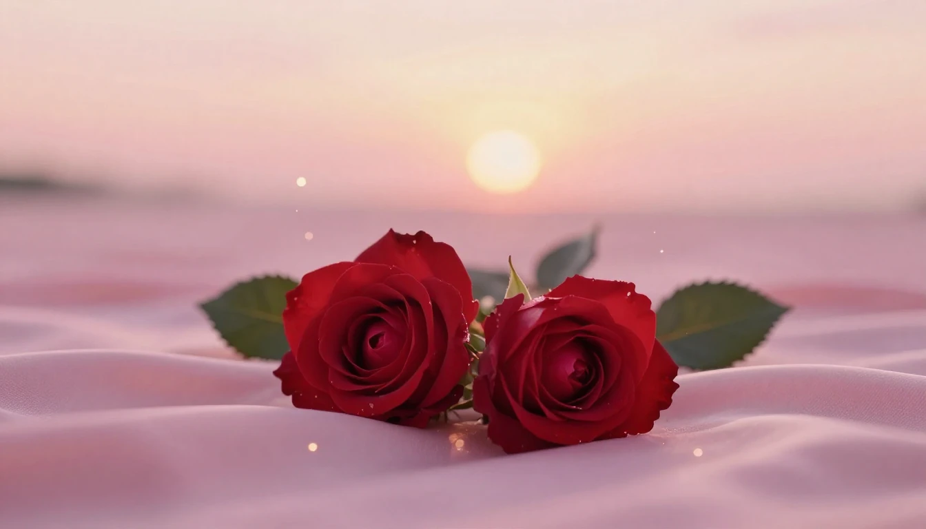 A beautiful and ethereal scene featuring two delicate red ro...