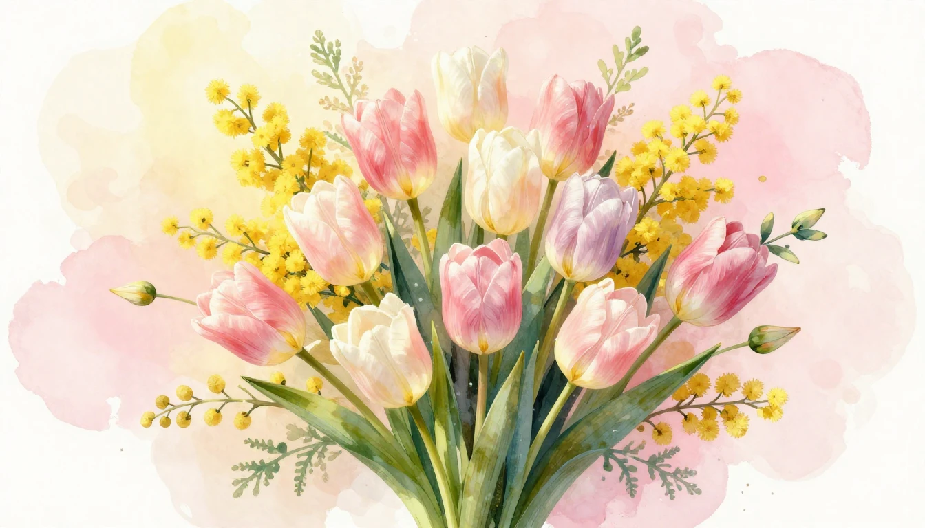 A beautiful bouquet of spring flowers including tulips, mimo...
