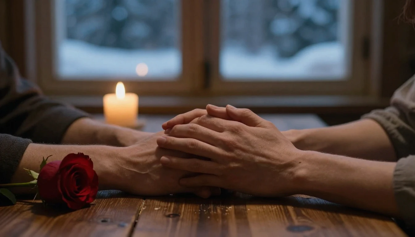 A cinematic close-up shot of two hands gently holding each o...