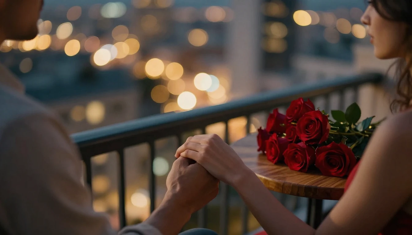 A romantic close-up cinematic shot of a couple holding hands...