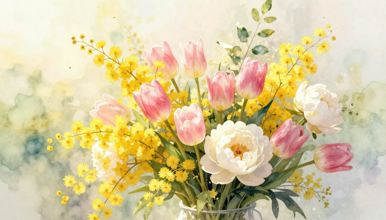 A lush and vibrant bouquet of spring flowers featuring yello...