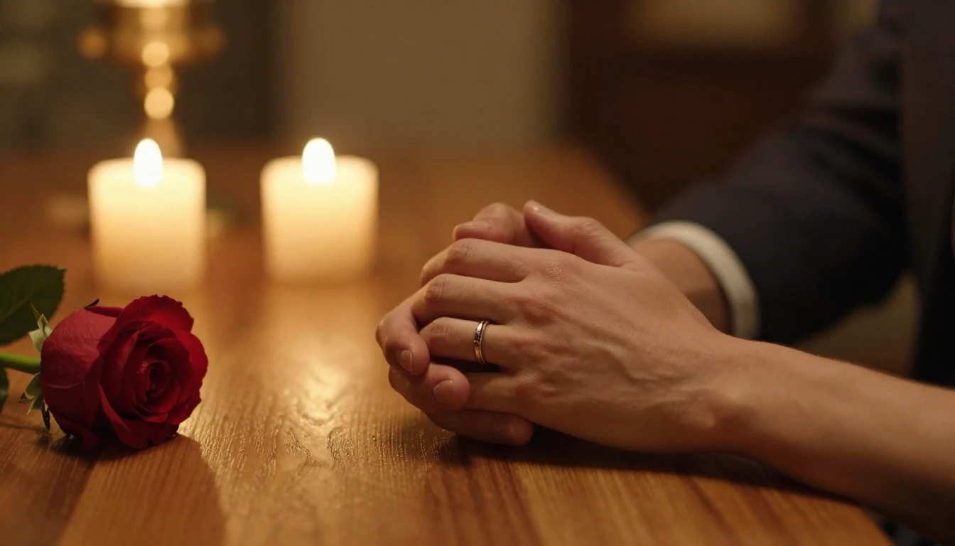 A warm and romantic cinematic close-up shot of a couple hold...