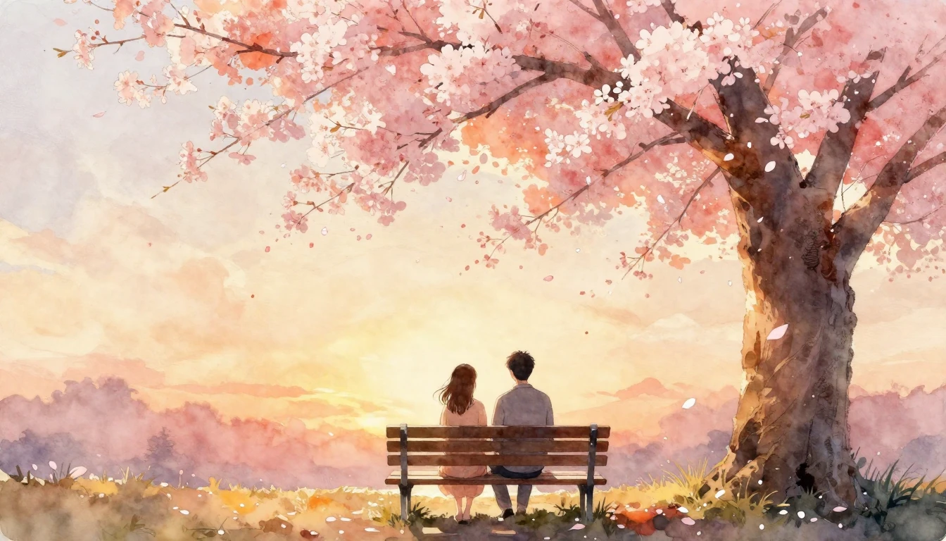 A romantic watercolor painting of a couple sitting on a wood...