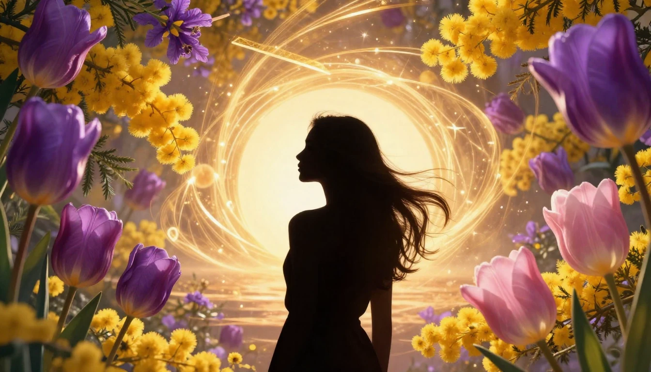 A vibrant and symbolic composition featuring a silhouette of...