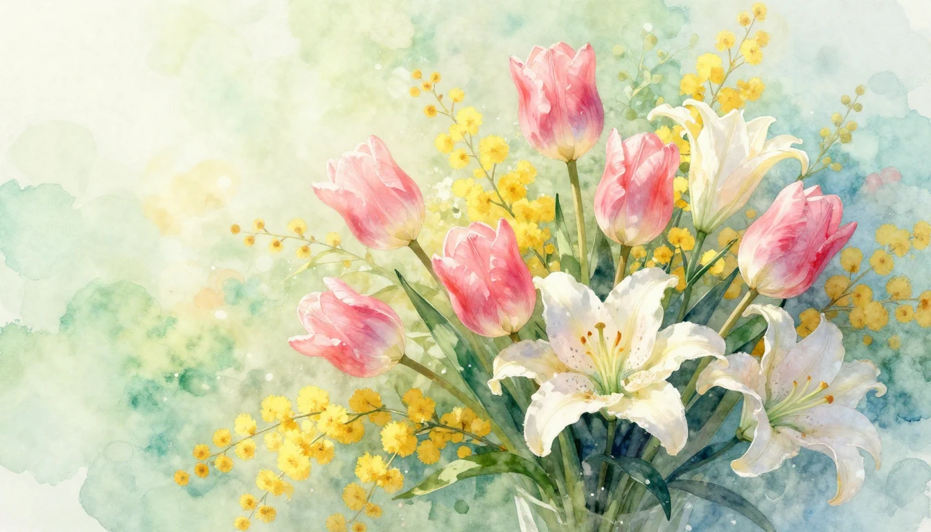 A delicate watercolor painting of a lush bouquet featuring p...