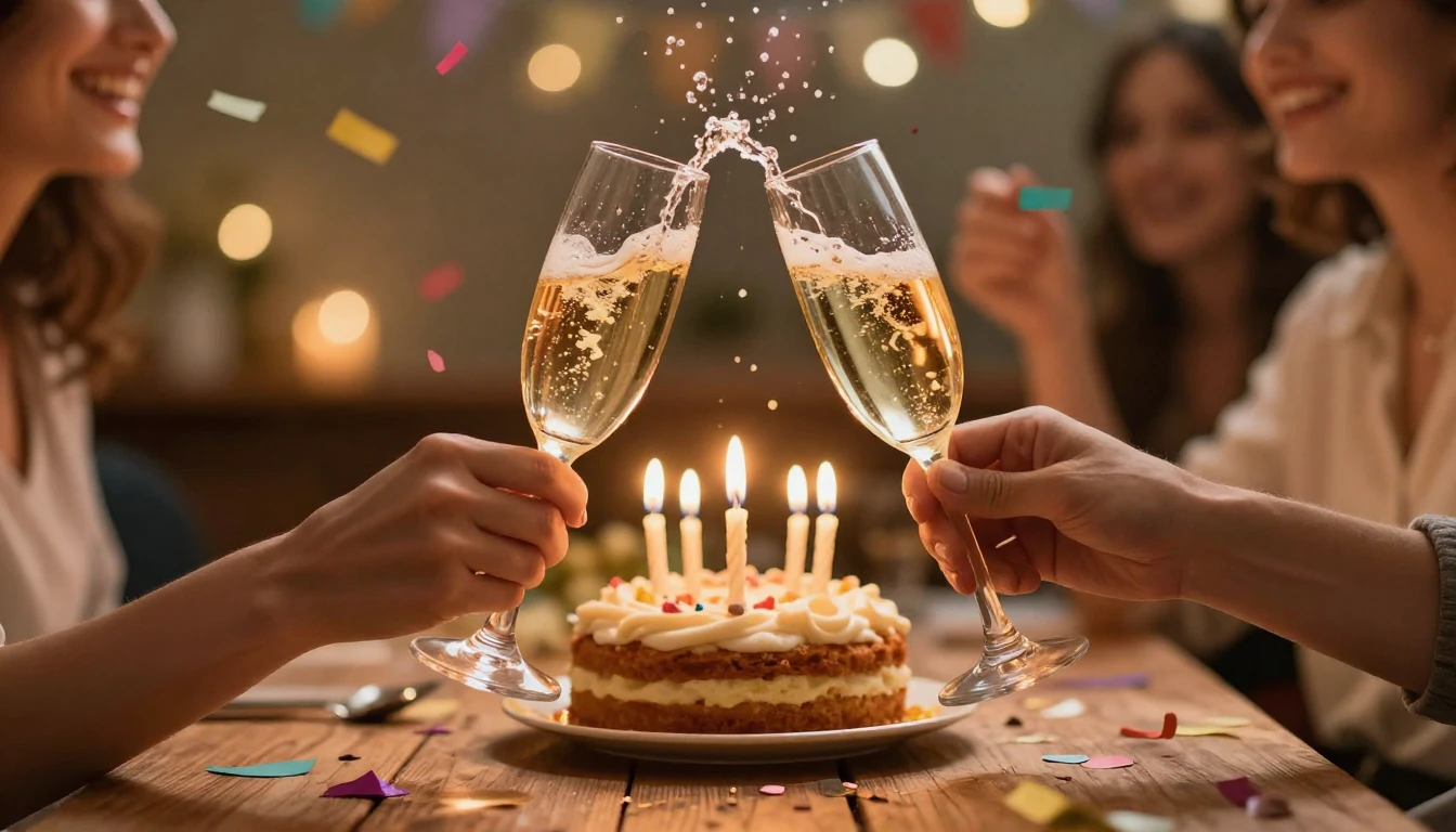 A vibrant and joyful scene celebrating a birthday. In the fo...