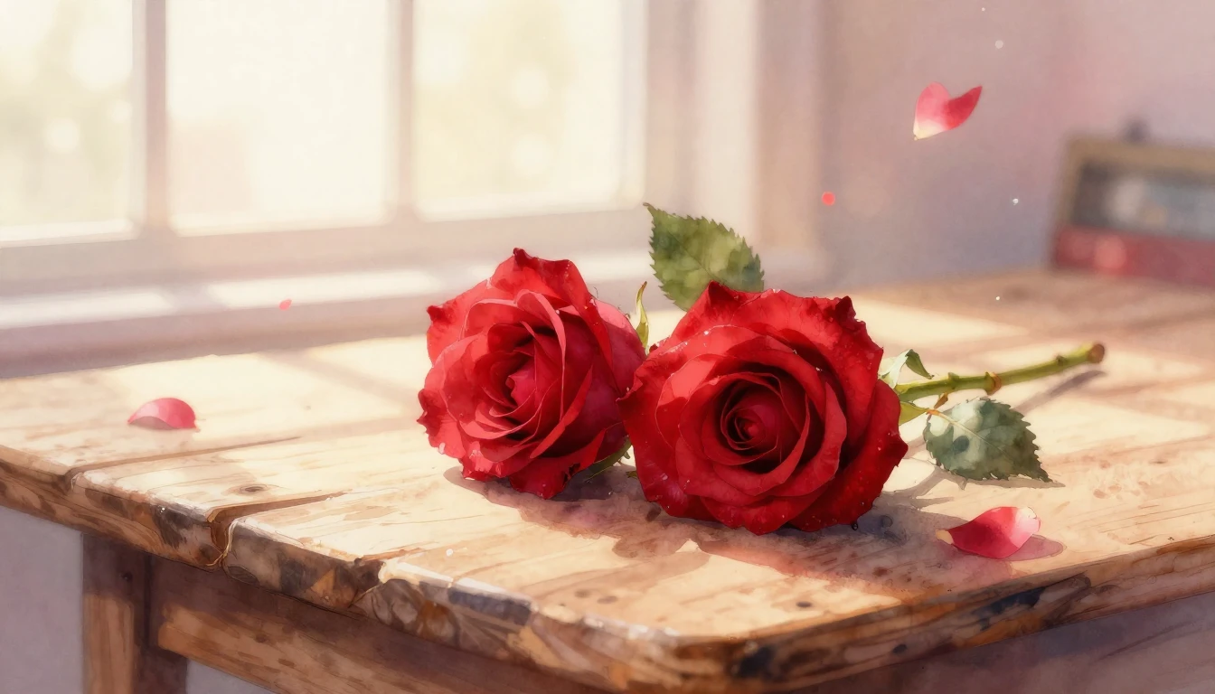 A beautiful watercolor painting of two delicate red roses in...