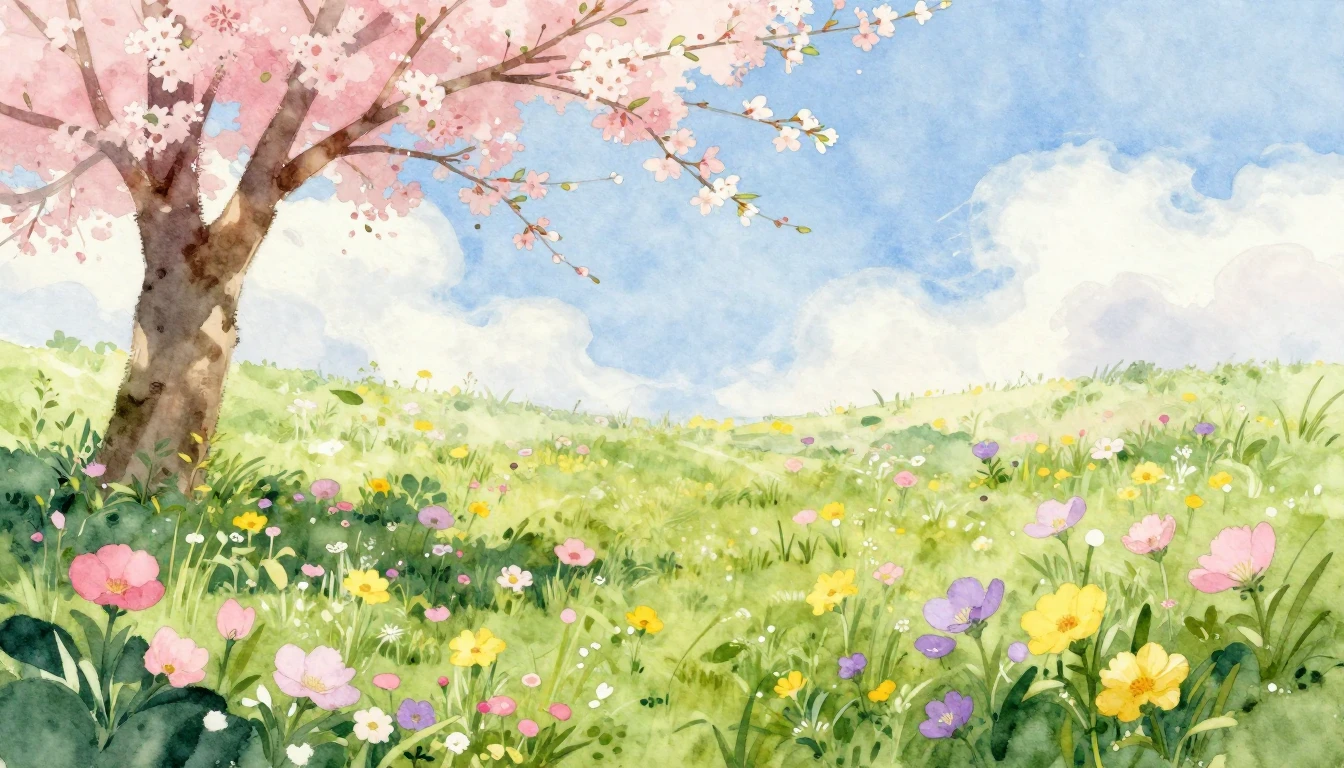 A beautiful watercolor painting of a lush spring meadow fill...