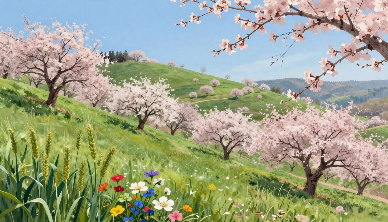 A breathtaking landscape of blooming almond and cherry trees...