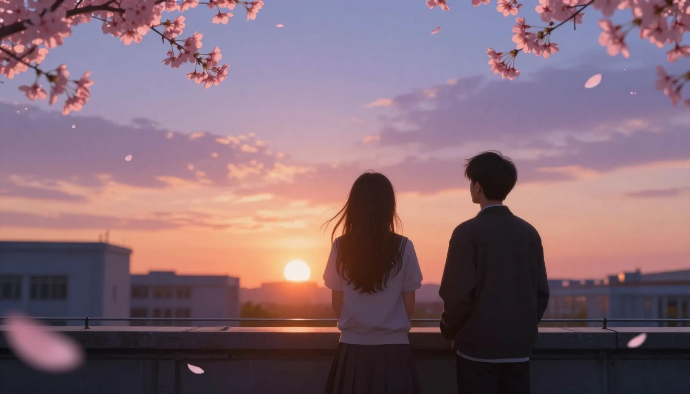 A nostalgic and beautiful scene on a school rooftop at sunse...