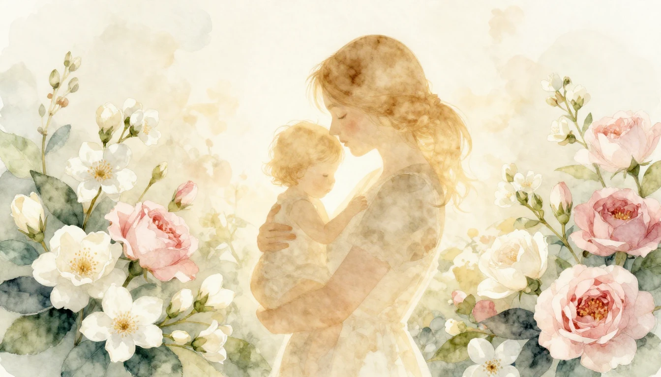 A heartwarming watercolor painting depicting a soft, glowing...
