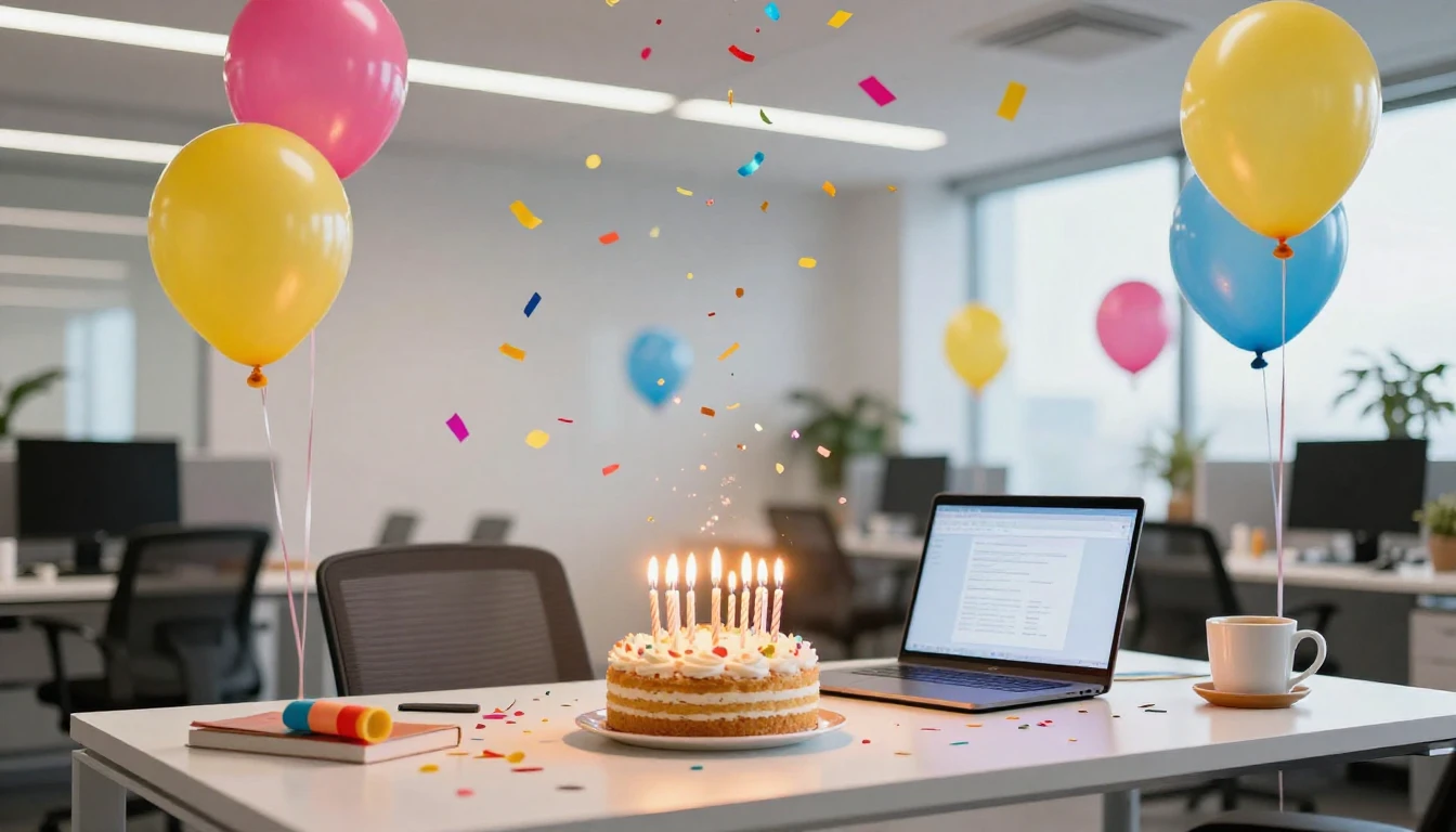 A festive modern office setting transformed into a lively bi...