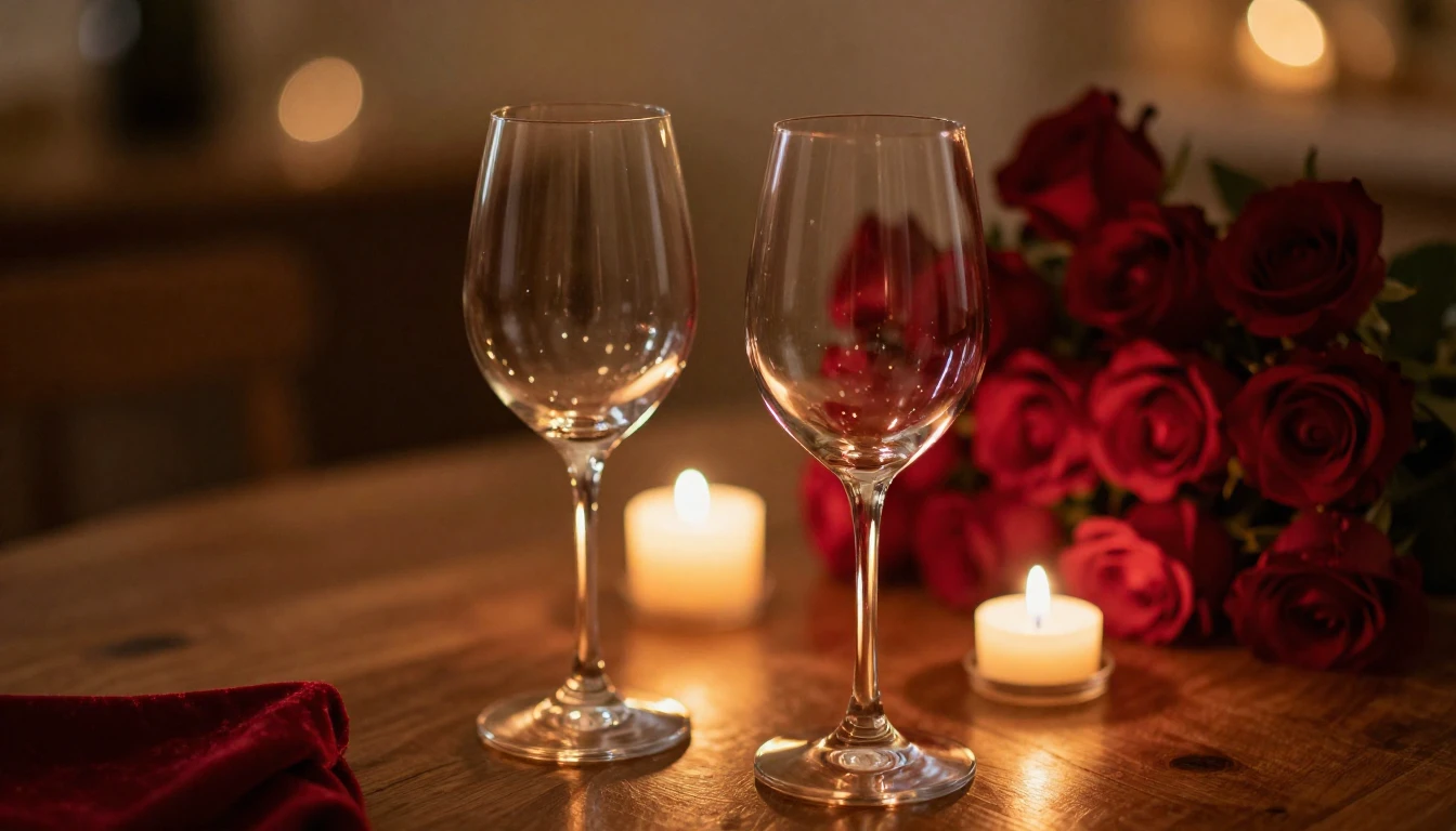 A close-up of two elegant wine glasses on a wooden table, so...