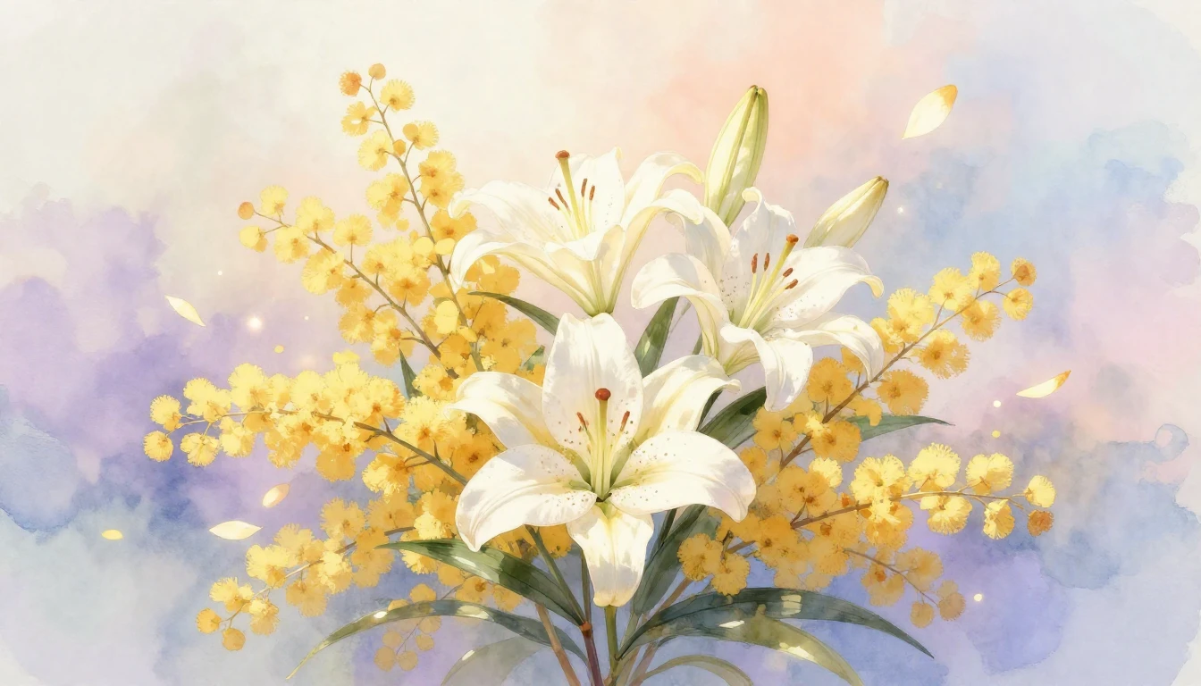 A serene watercolor illustration featuring a delicate arrang...