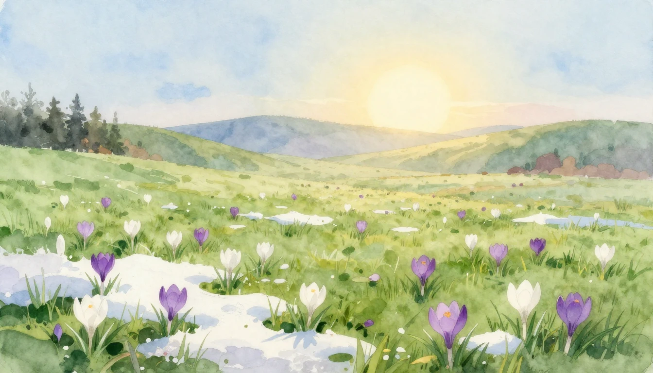 A delicate watercolor painting of a serene meadow at dawn du...