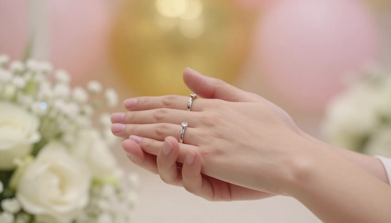 A close-up, romantic shot of two hands holding each other, f...