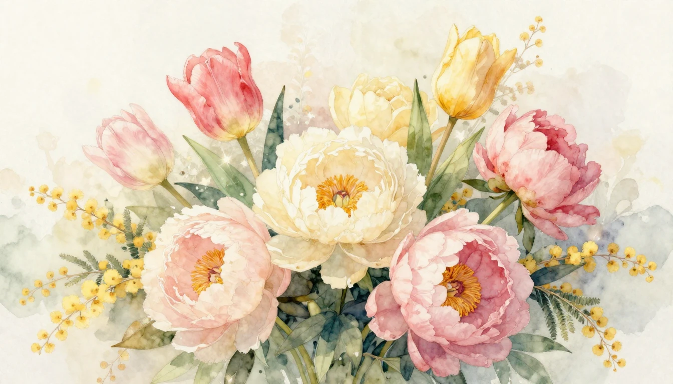A delicate watercolor painting of a lush spring bouquet feat...