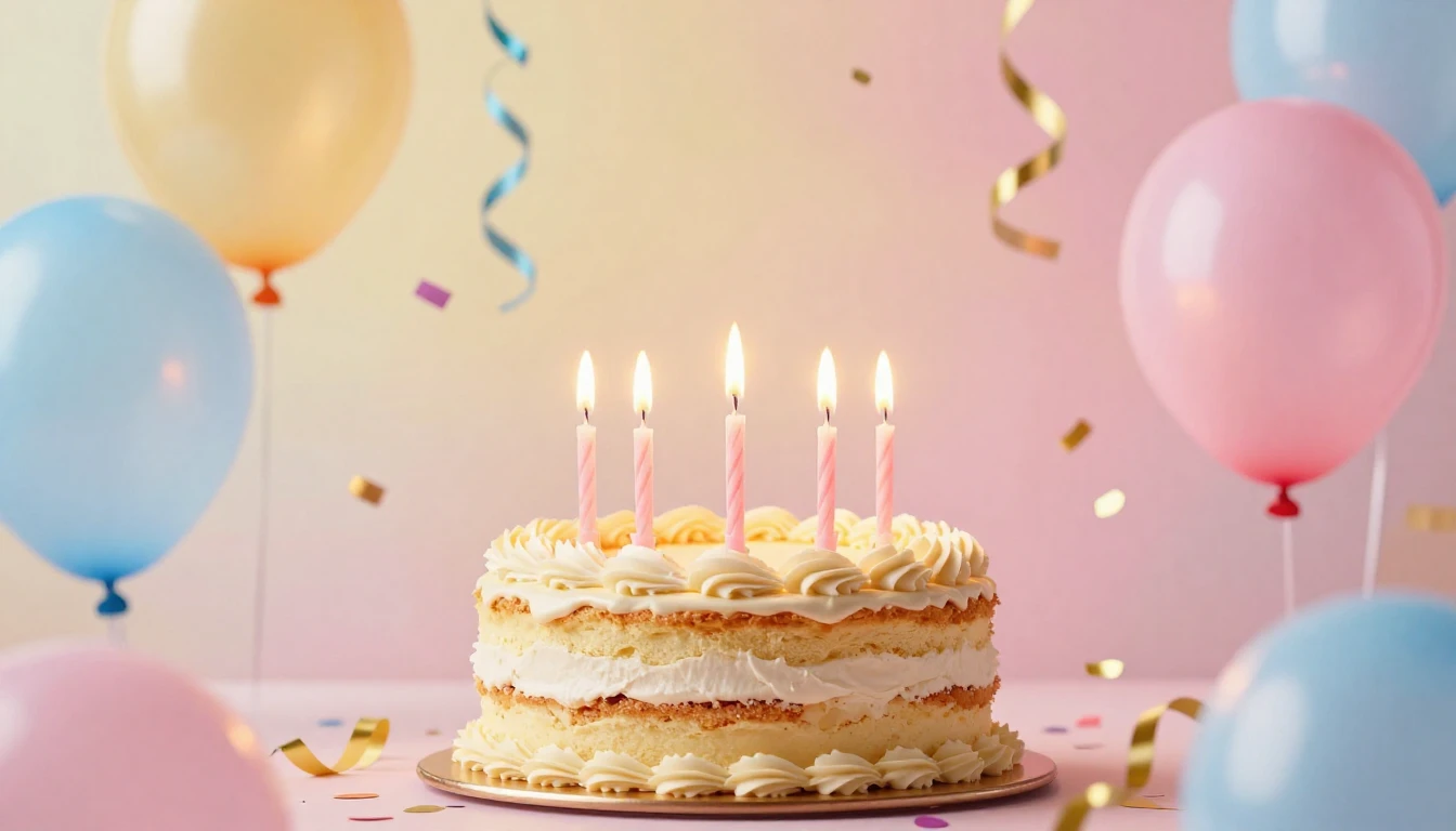 A festive and bright birthday scene, a delicious cake with g...