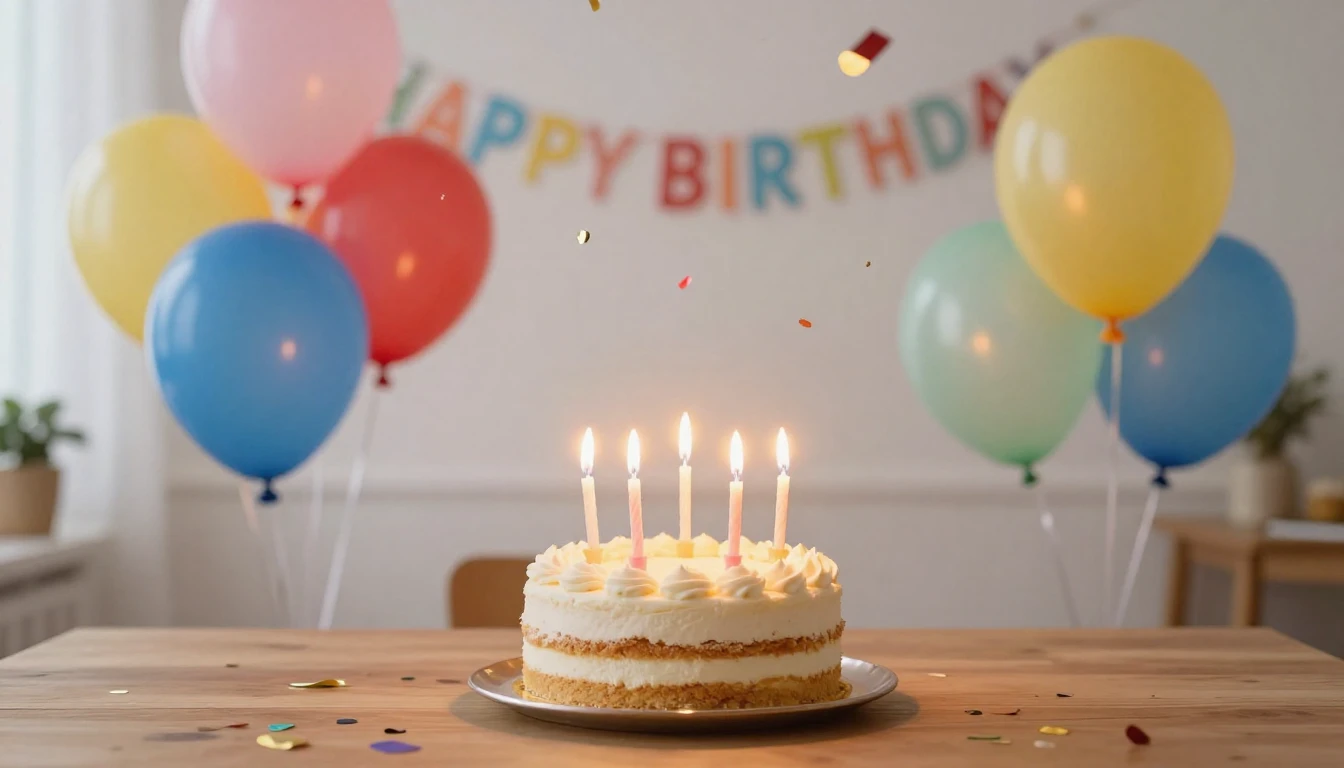 A joyful birthday celebration scene, colorful balloons float...