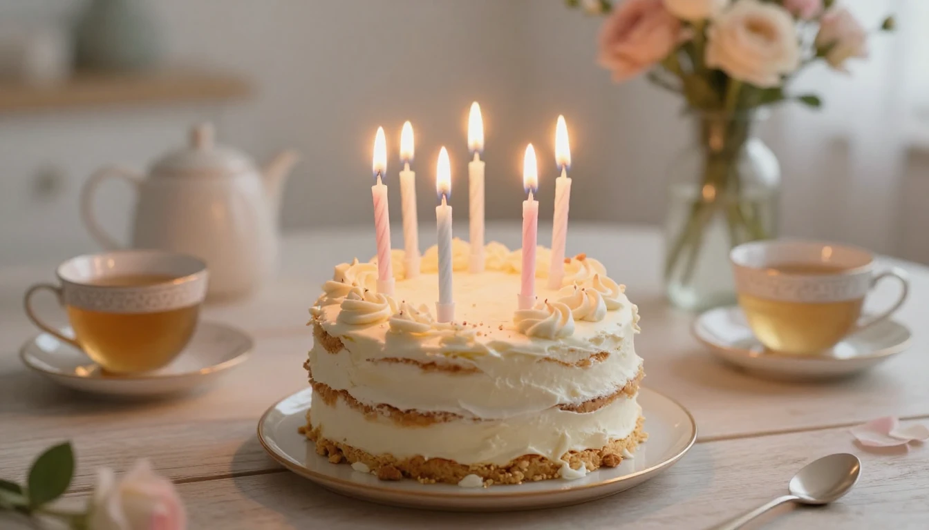 A heartwarming close-up scene of a small rustic birthday cak...