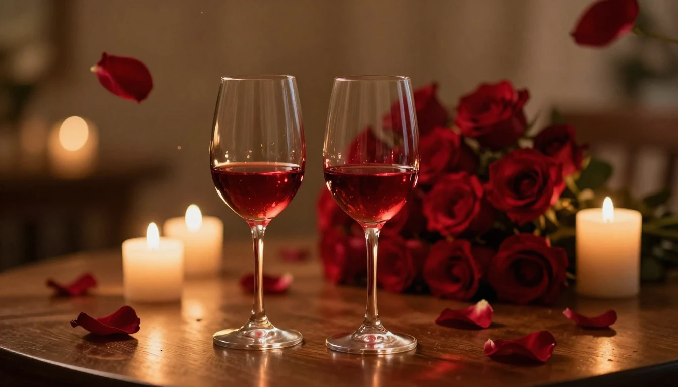 A breathtakingly romantic scene featuring two elegant wine g...