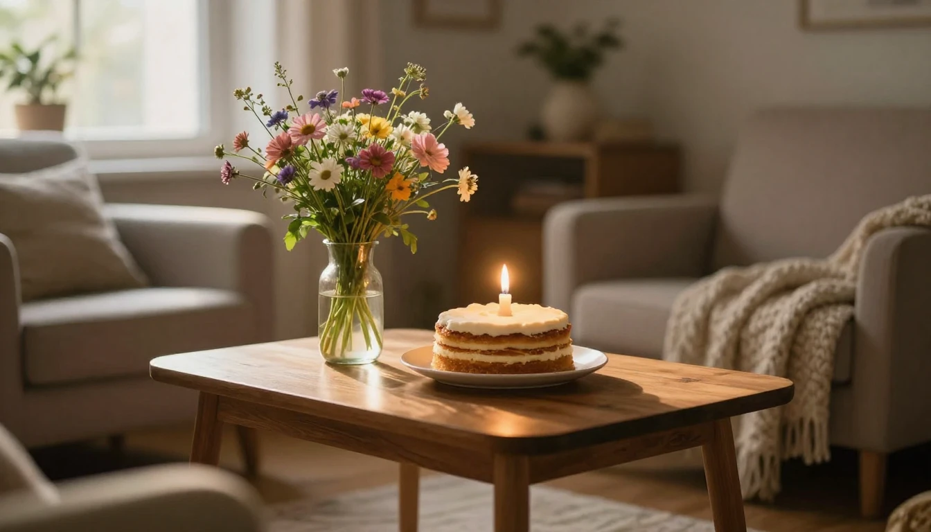 A cozy indoor scene featuring a small wooden table with a si...