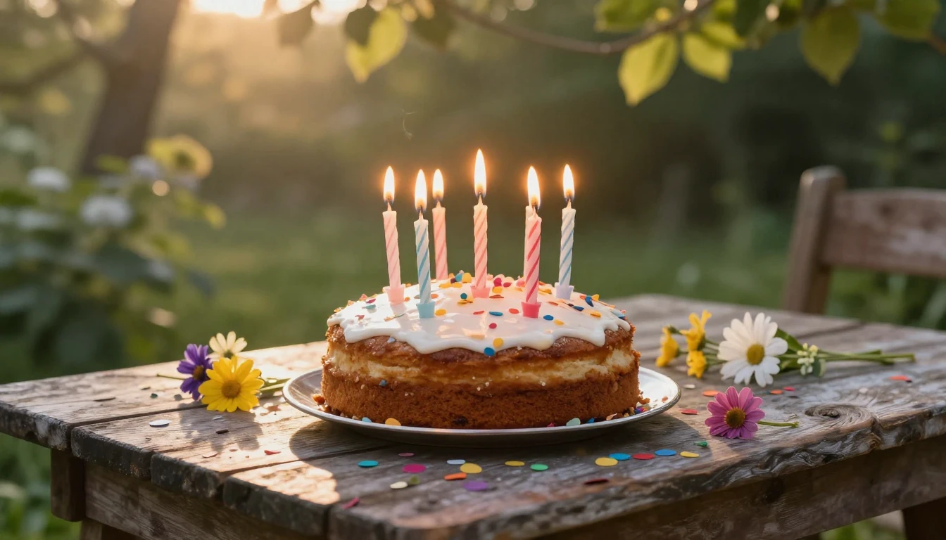 A warm and nostalgic scene of a rustic birthday cake with li...