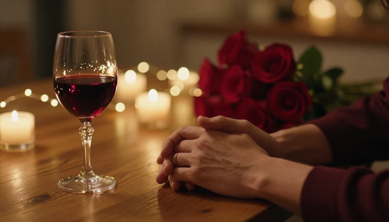 A cinematic close-up shot of two hands gently intertwined re...