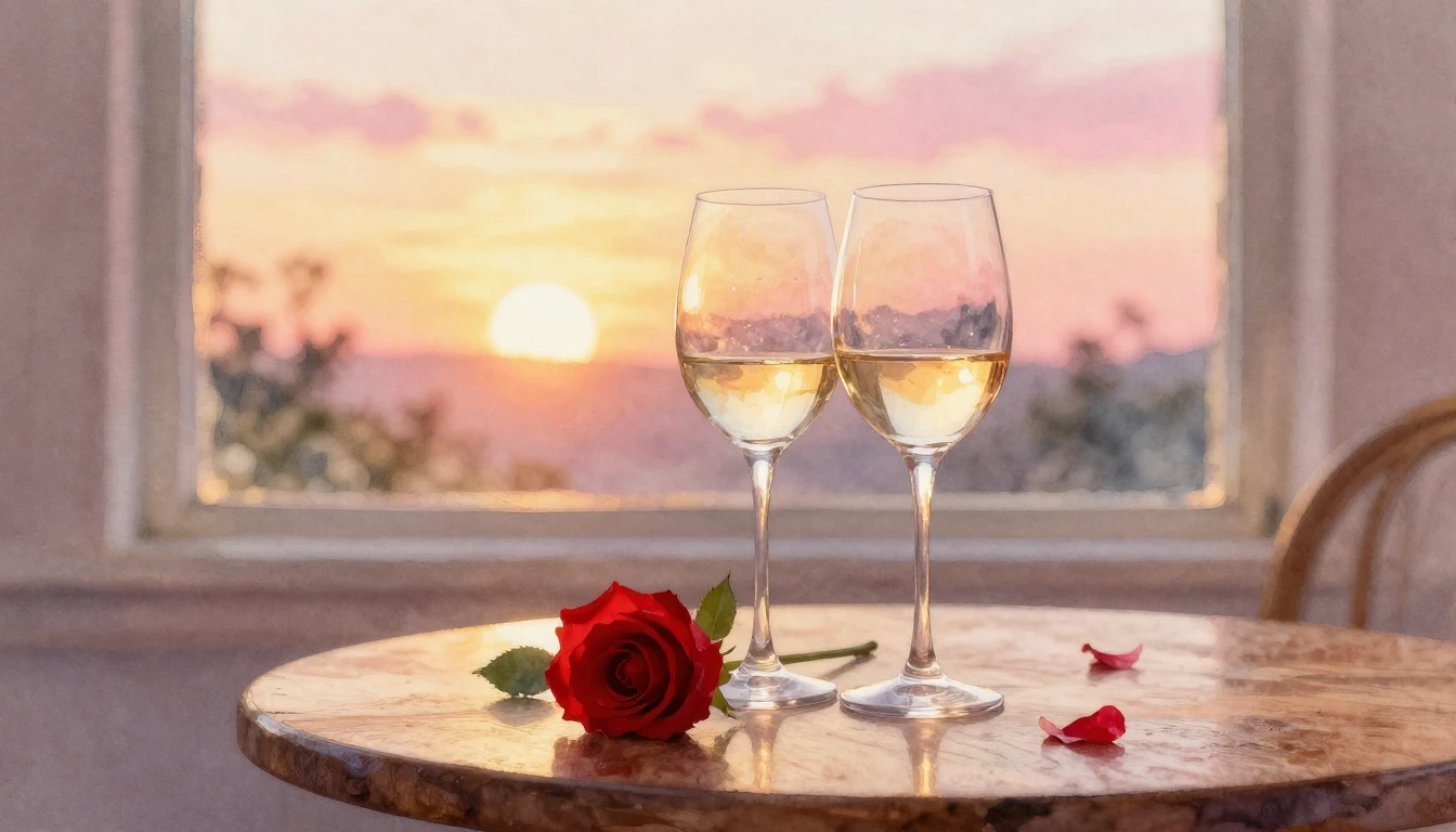 A dreamlike watercolor painting of two elegant wine glasses ...